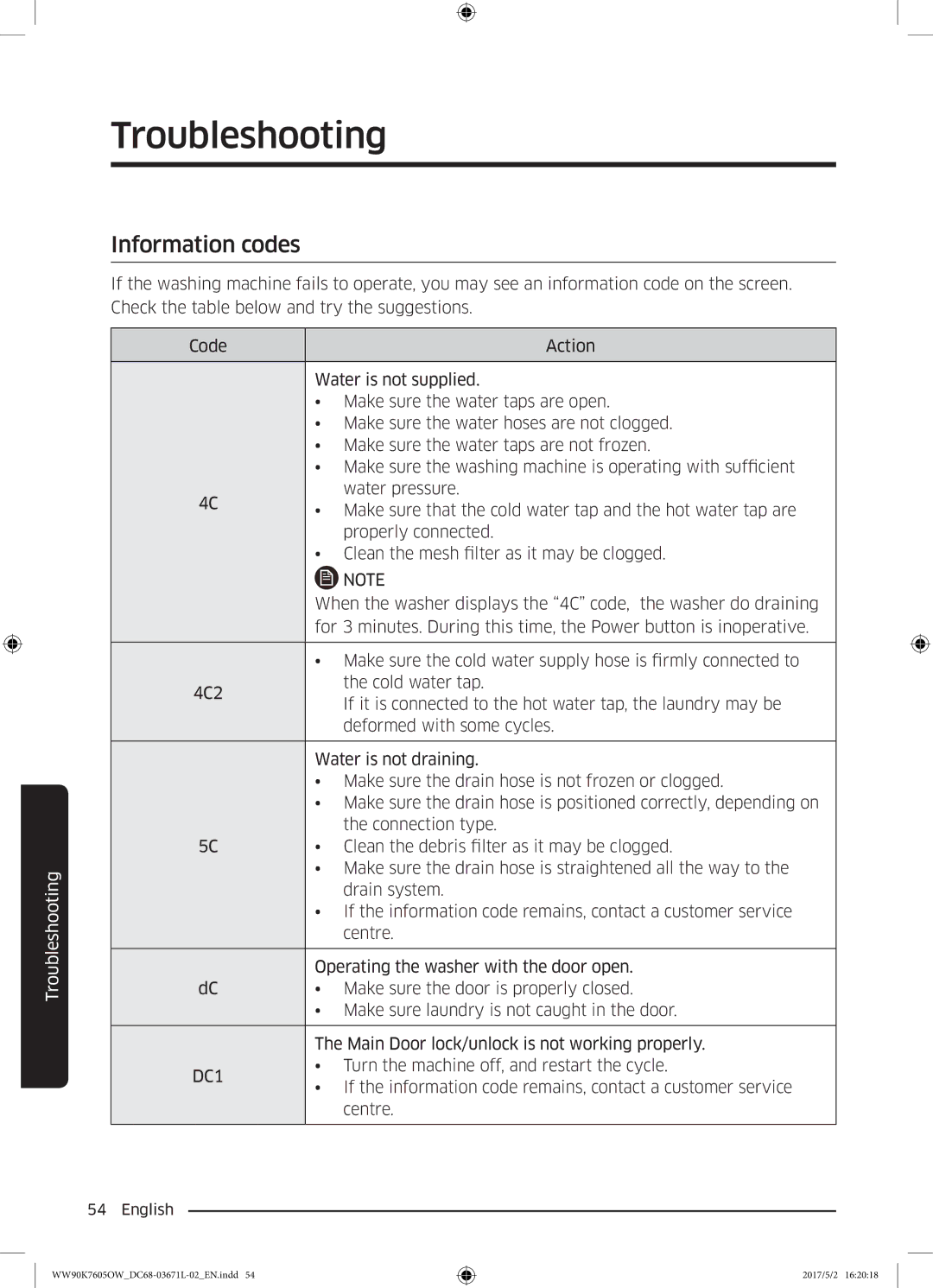 Samsung WW90K7605OW/EE manual Information codes, DC1 