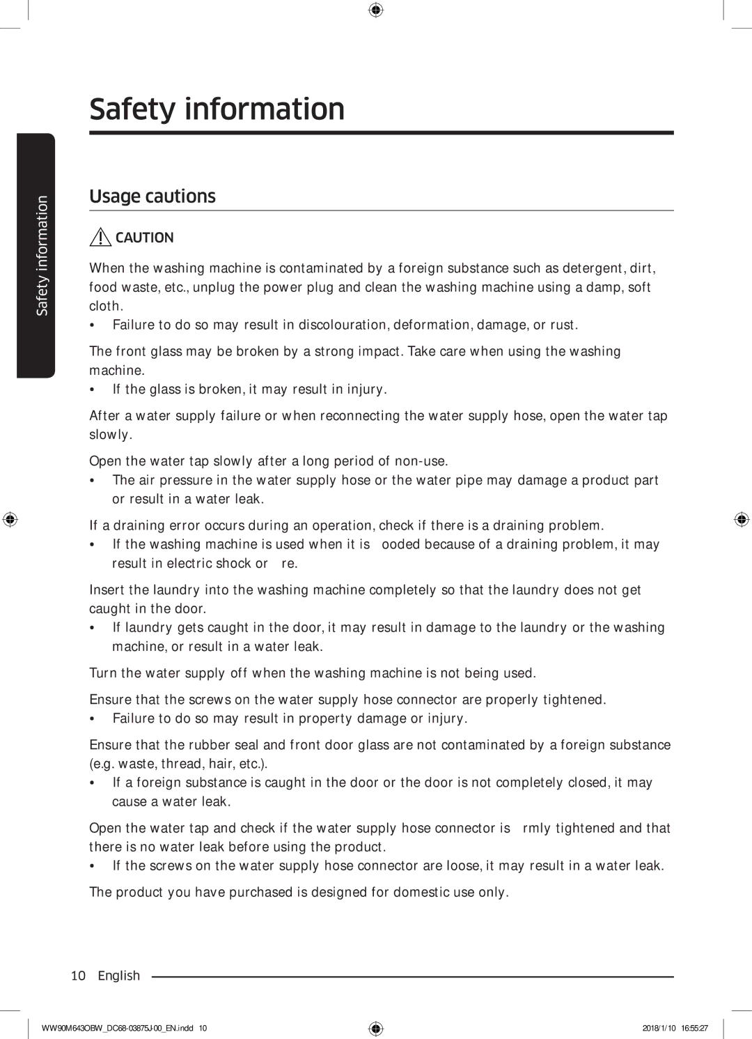 Samsung WW90M643OBW/EE manual Usage cautions 