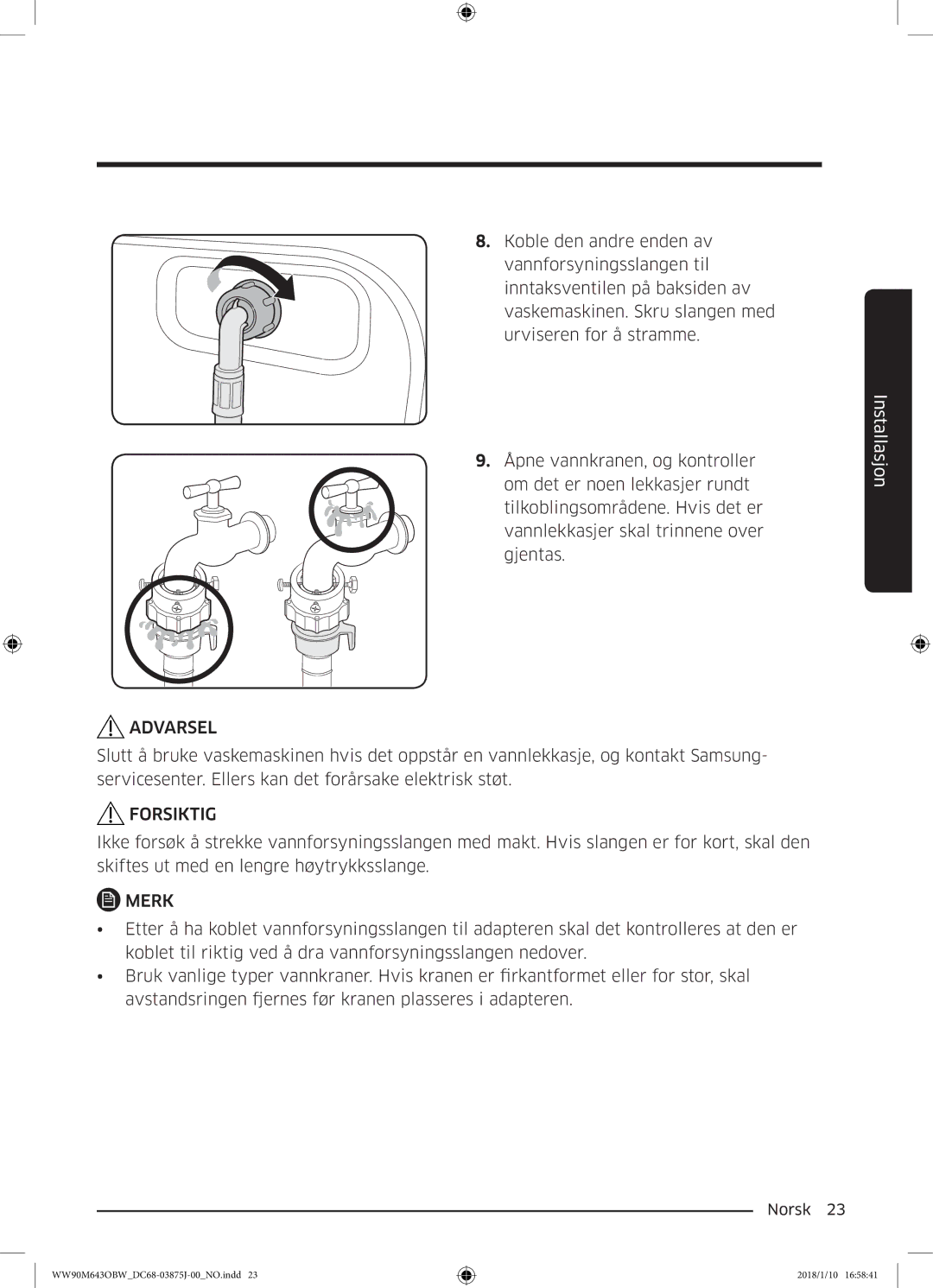 Samsung WW90M643OBW/EE manual Forsiktig 