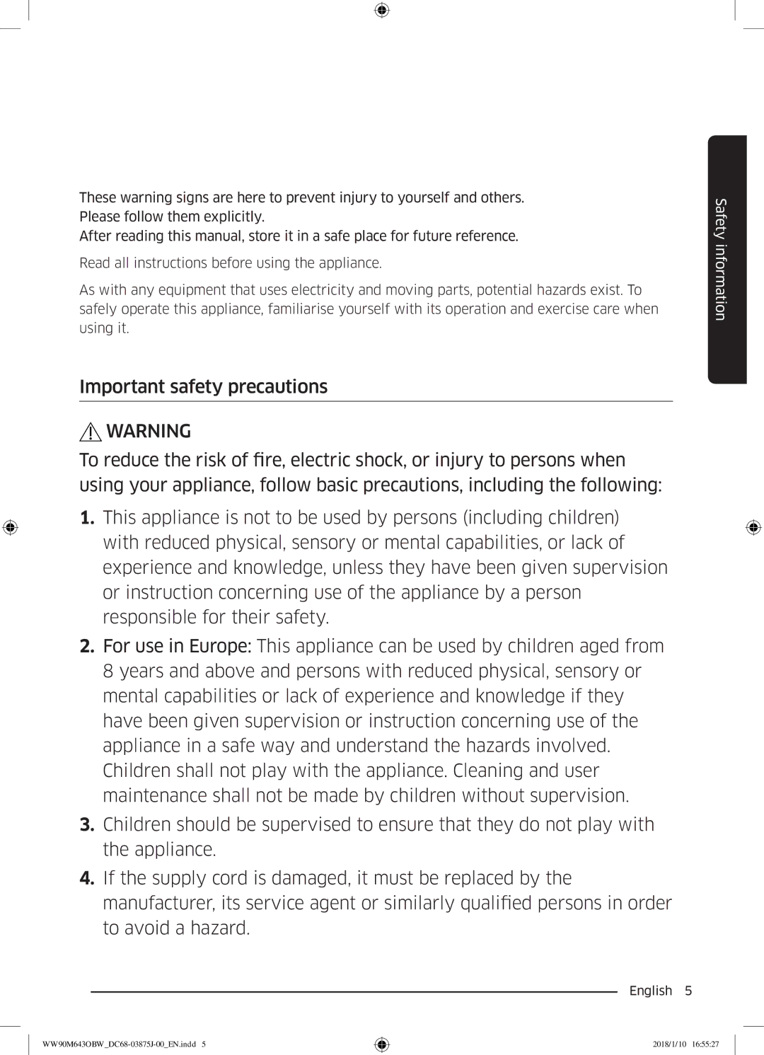 Samsung WW90M643OBW/EE manual Safety information 