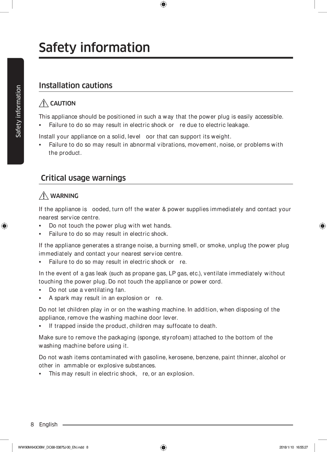 Samsung WW90M643OBW/EE manual Installation cautions, Critical usage warnings 