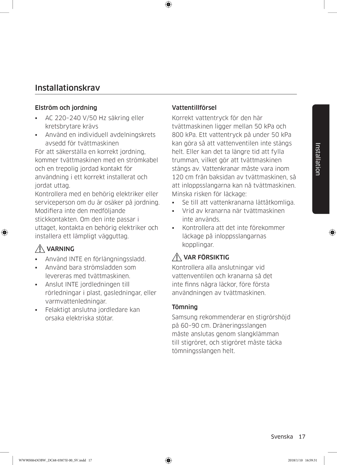 Samsung WW90M643OBW/EE manual Installationskrav, Varning 