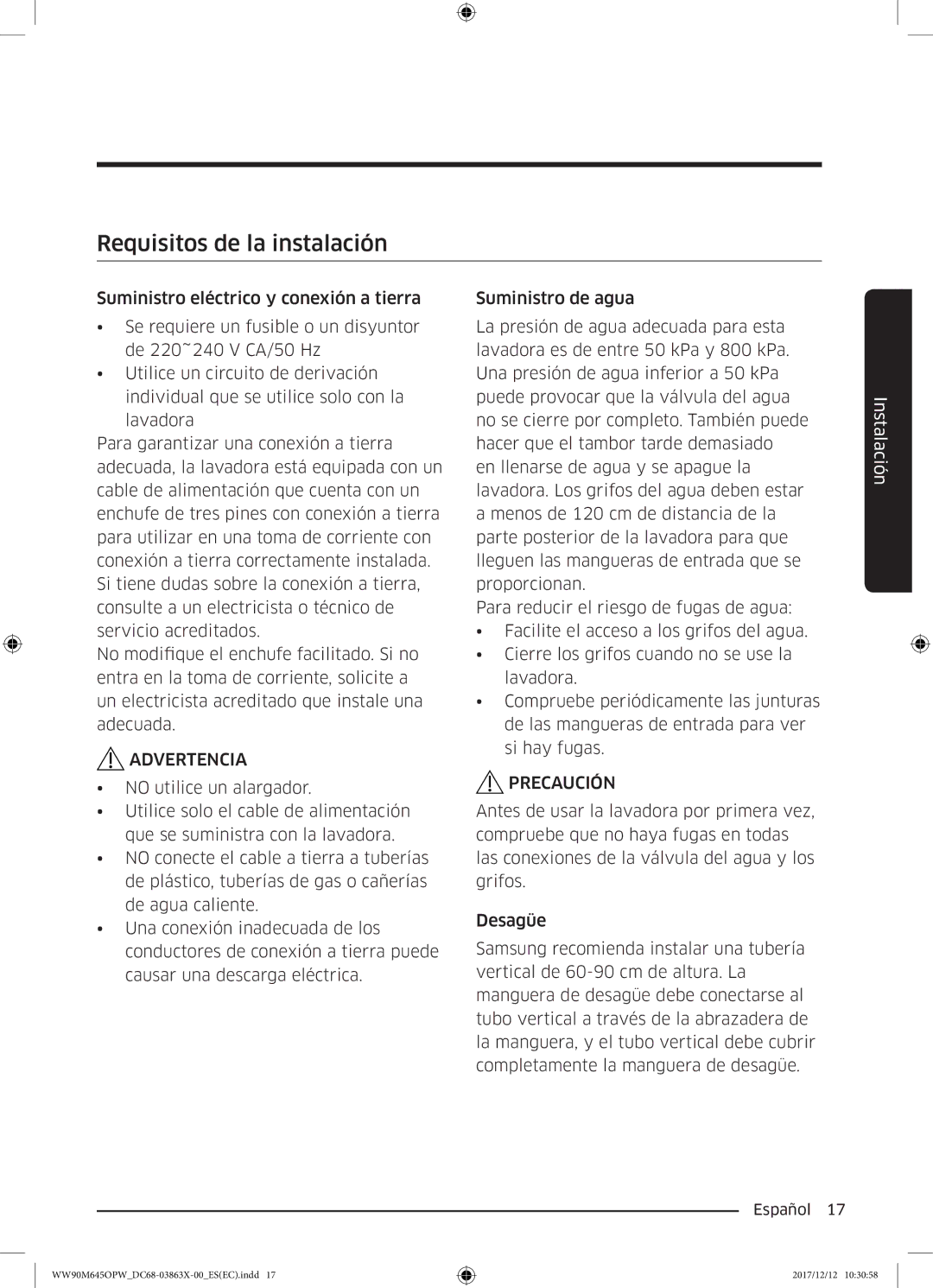 Samsung WW80M645OPW/EC, WW90M645OPW/EC manual Requisitos de la instalación, Advertencia 