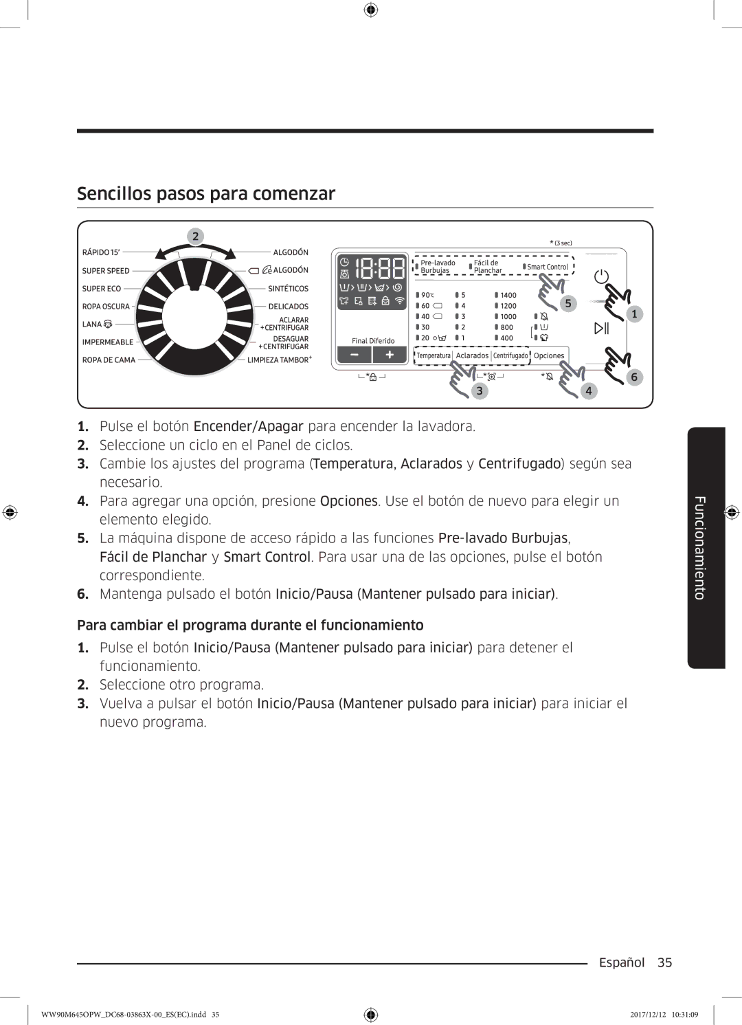 Samsung WW80M645OPW/EC, WW90M645OPW/EC manual Sencillos pasos para comenzar 