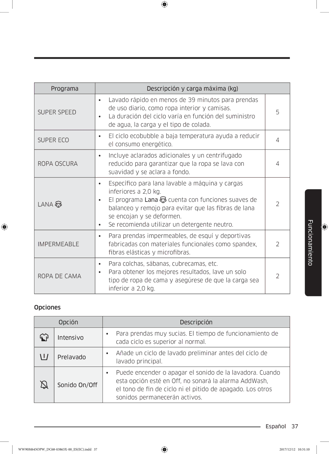 Samsung WW80M645OPW/EC, WW90M645OPW/EC manual Super Speed, Super ECO, Ropa Oscura, Lana, Impermeable, Ropa DE Cama 