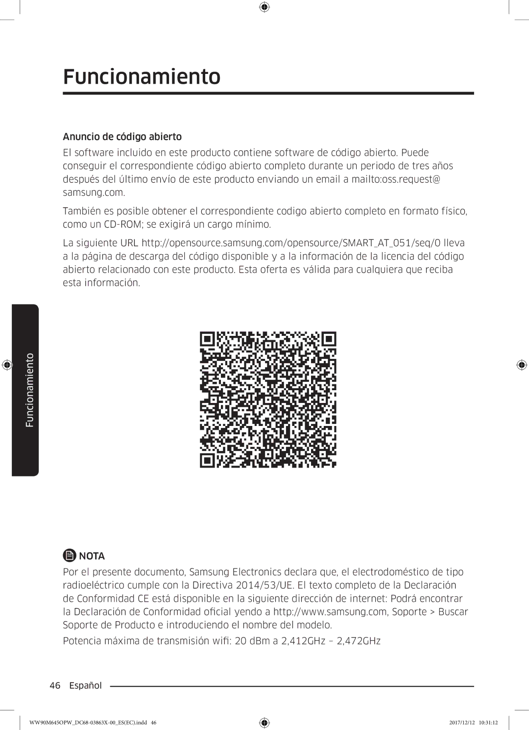 Samsung WW90M645OPW/EC, WW80M645OPW/EC manual Nota 