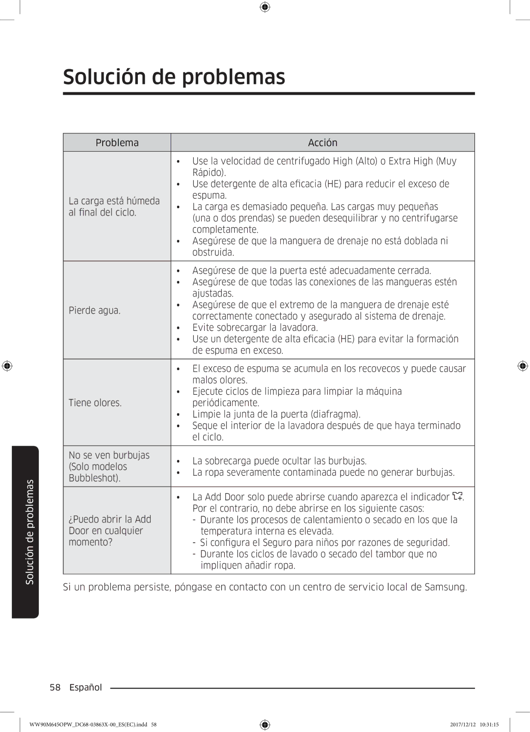 Samsung WW90M645OPW/EC, WW80M645OPW/EC manual Solución de problemas 