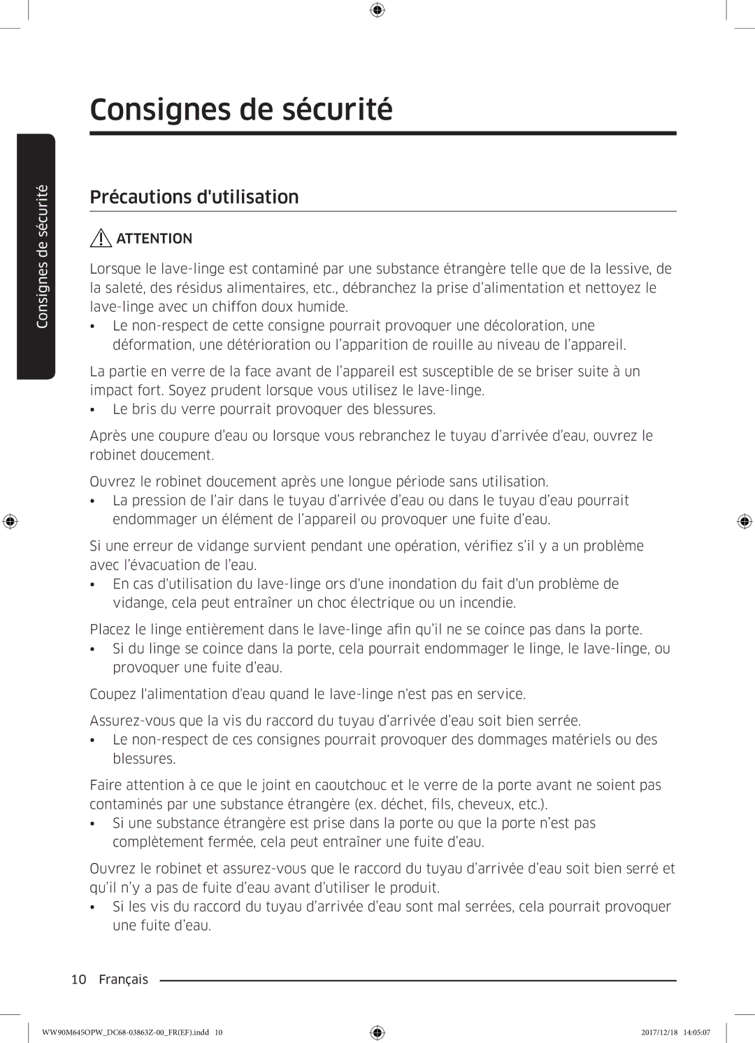 Samsung WW80M645OPX/EF, WW90M645OPX/EF, WW90M645OPW/EF, WW80M645OQM/EF manual Précautions dutilisation 