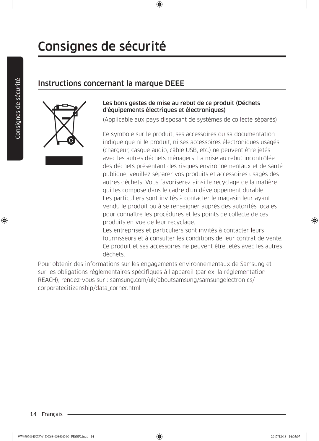 Samsung WW80M645OPX/EF, WW90M645OPX/EF, WW90M645OPW/EF, WW80M645OQM/EF manual Instructions concernant la marque Deee 