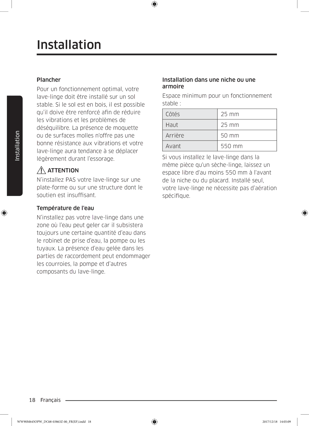 Samsung WW80M645OPX/EF, WW90M645OPX/EF, WW90M645OPW/EF, WW80M645OQM/EF manual Installation 