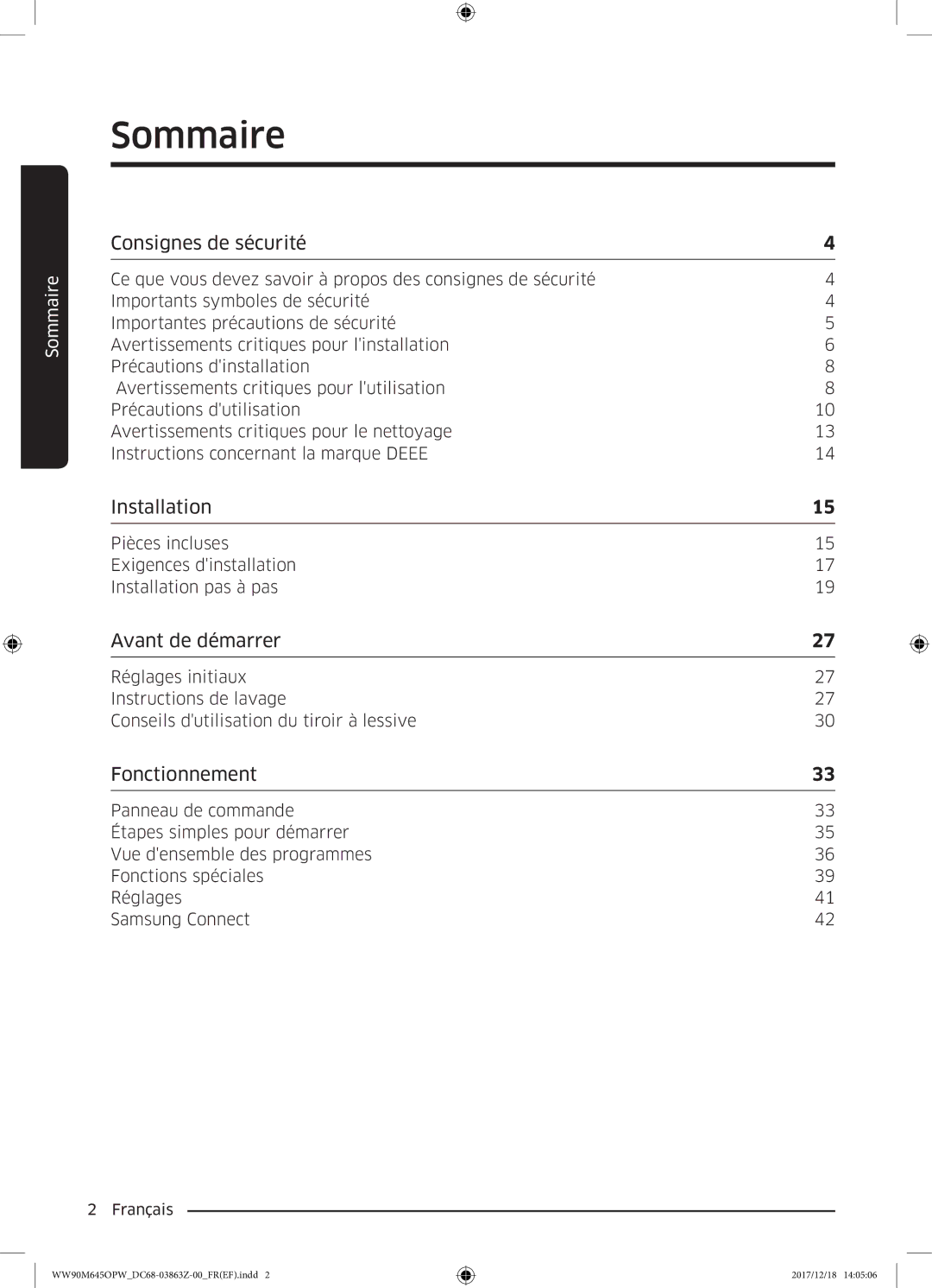 Samsung WW80M645OPX/EF, WW90M645OPX/EF, WW90M645OPW/EF, WW80M645OQM/EF manual Sommaire, Consignes de sécurité 