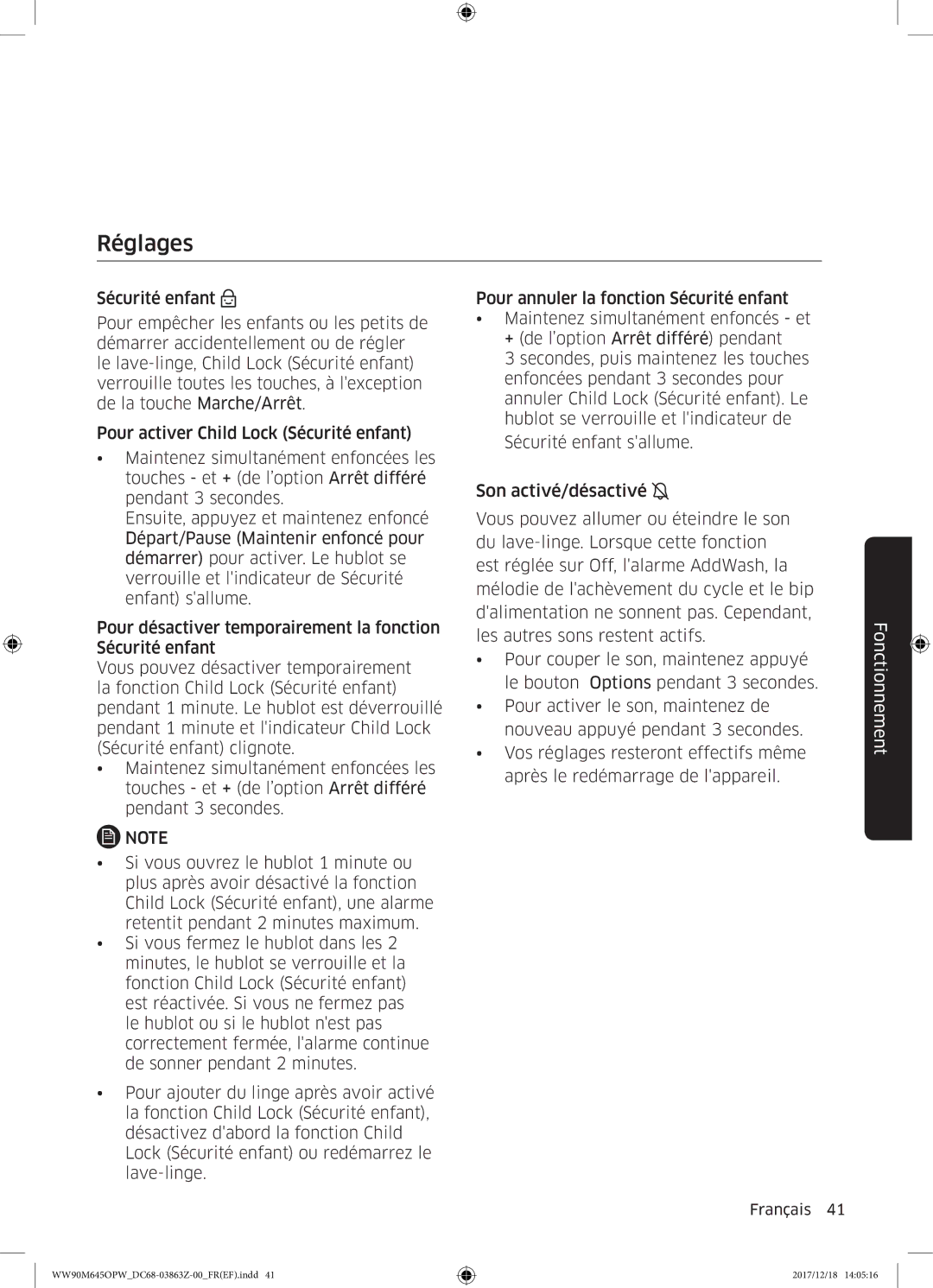 Samsung WW90M645OPW/EF, WW90M645OPX/EF, WW80M645OPX/EF, WW80M645OQM/EF manual Réglages 