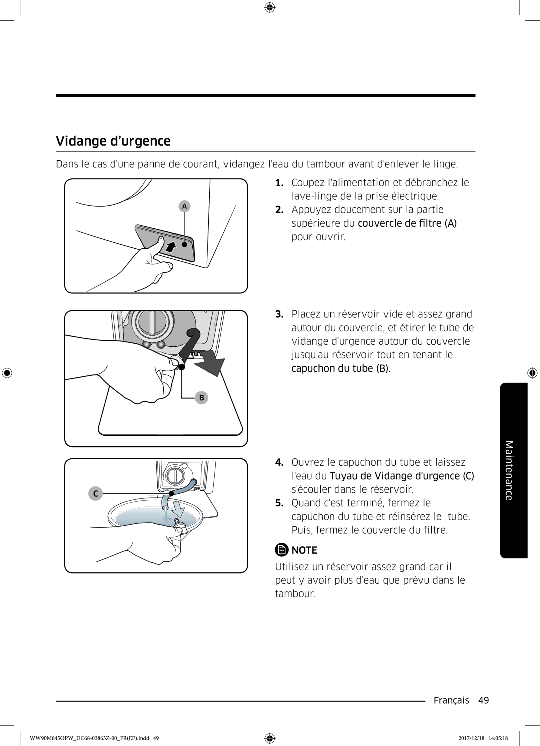 Samsung WW90M645OPW/EF, WW90M645OPX/EF, WW80M645OPX/EF, WW80M645OQM/EF manual Vidange d’urgence 