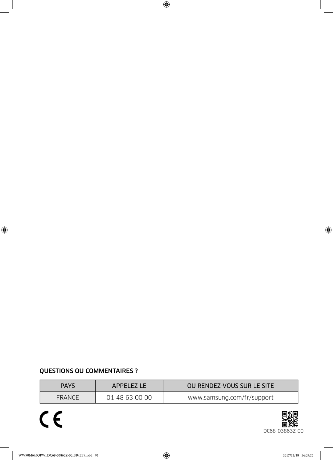 Samsung WW80M645OPX/EF, WW90M645OPX/EF, WW90M645OPW/EF, WW80M645OQM/EF manual 01 48 63 00 