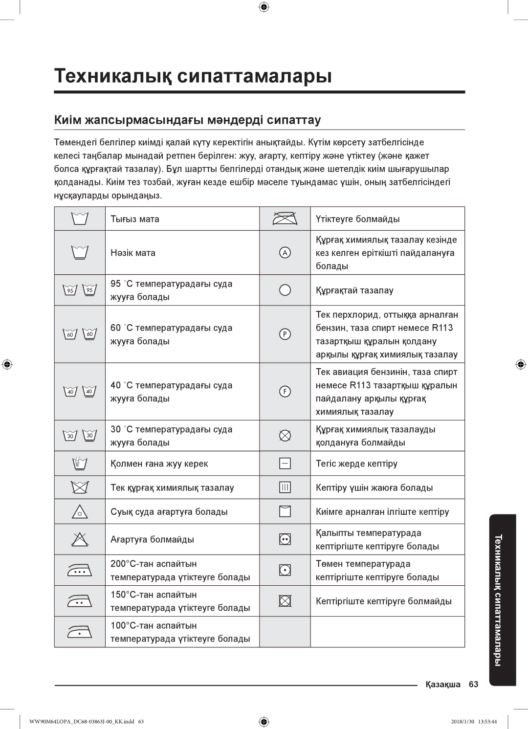 Samsung WW90M64LOPA/LP, WW90M64LOPO/LP manual Техникалық сипаттамалары, Киім жапсырмасындағы мәндерді сипаттау 