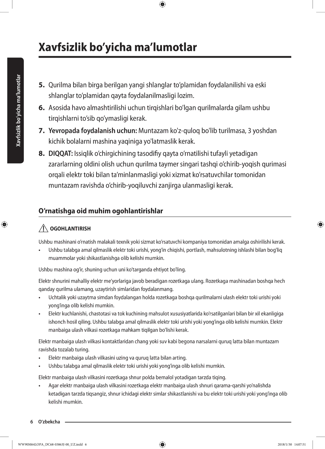 Samsung WW90M64LOPO/LP, WW90M64LOPA/LP manual ’rnatishga oid muhim ogohlantirishlar 