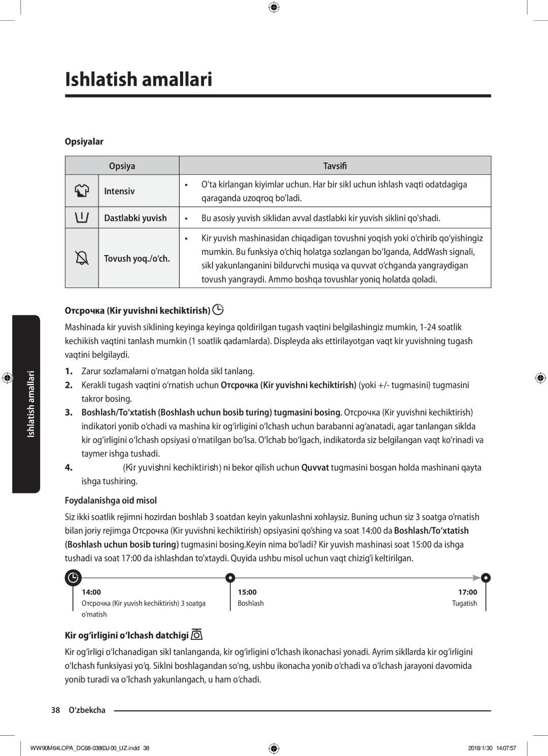 Samsung WW90M64LOPO/LP manual Opsiyalar Tavsifi Intensiv, Qaraganda uzoqroq boladi, Отсрочка Kir yuvishni kechiktirish 