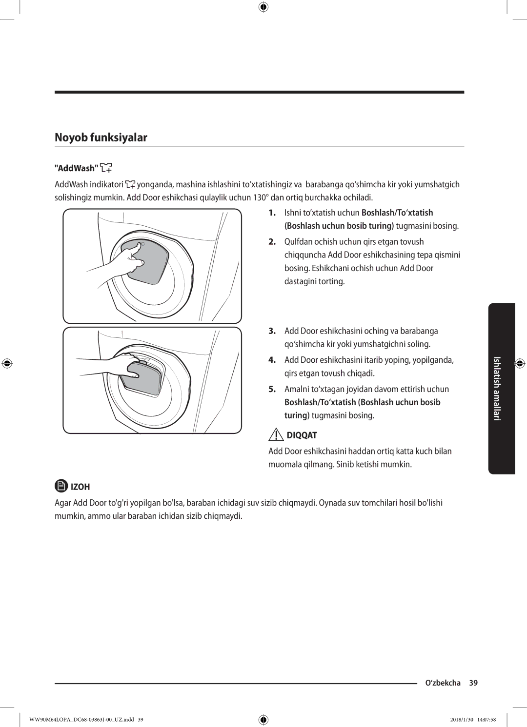 Samsung WW90M64LOPA/LP, WW90M64LOPO/LP manual Noyob funksiyalar, AddWash 