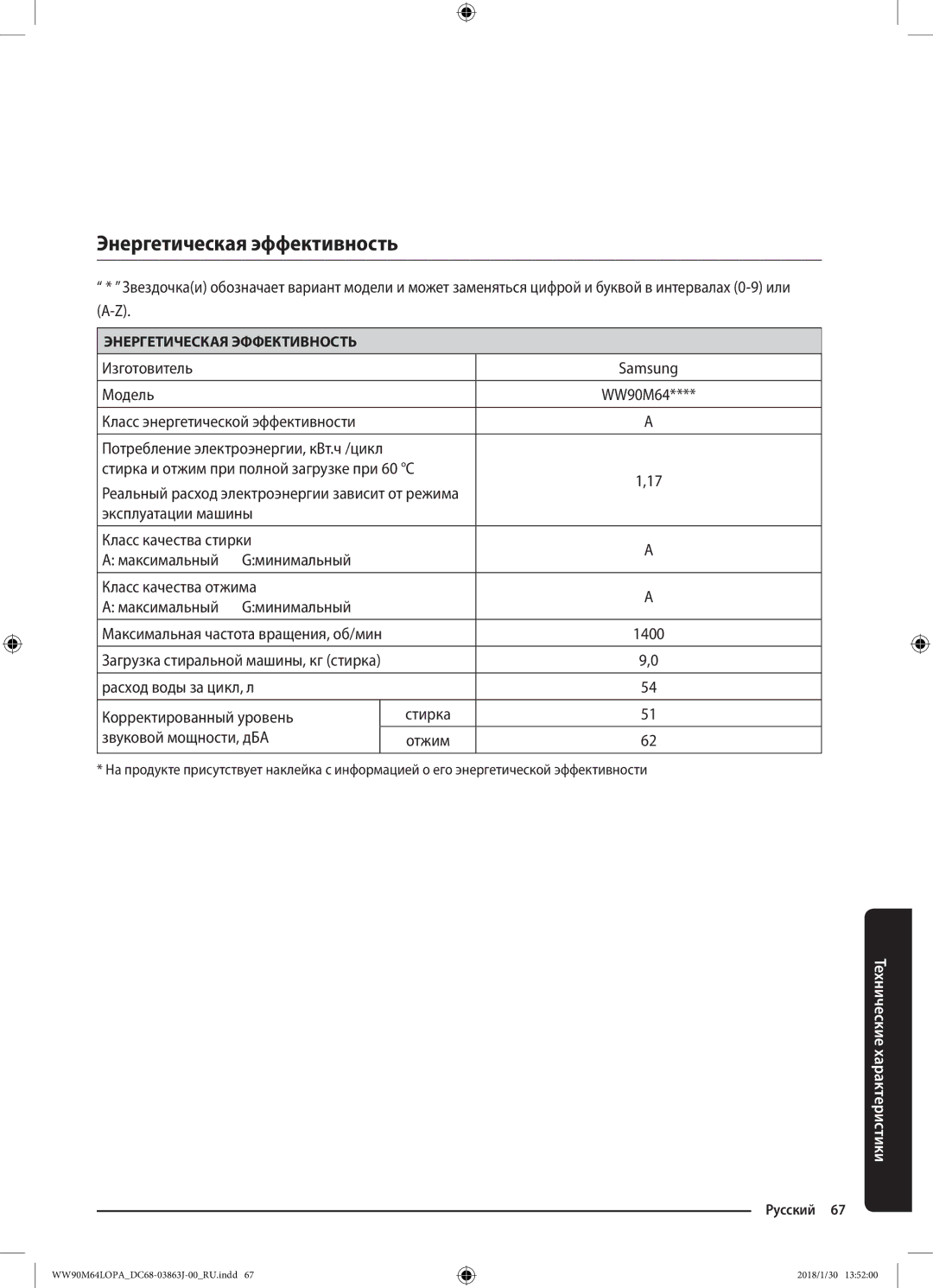 Samsung WW90M64LOPA/LP, WW90M64LOPO/LP manual Энергетическая эффективность 