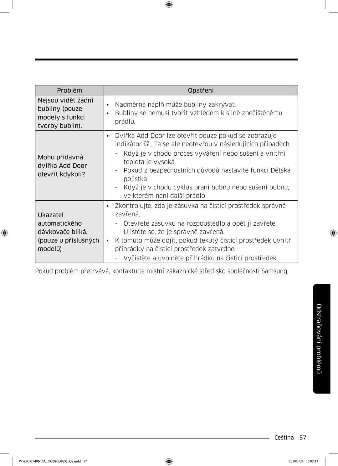 Samsung WW90M740NOA/ZE manual Odstraňování problémů 