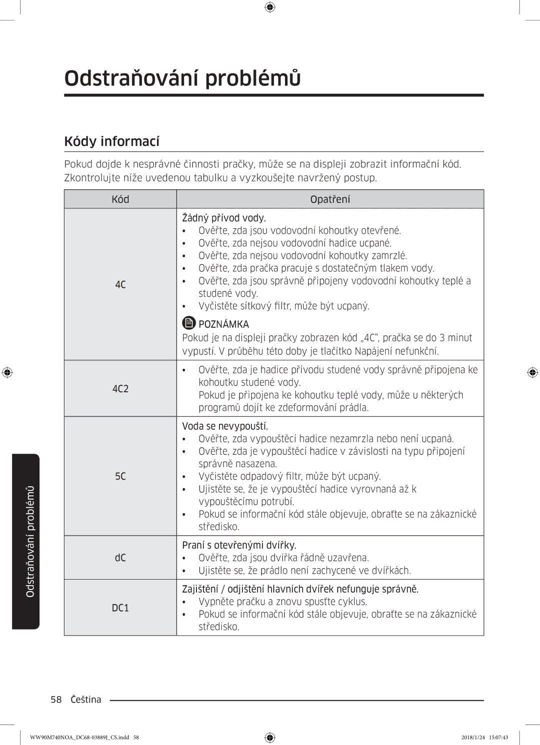 Samsung WW90M740NOA/ZE manual Kódy informací 