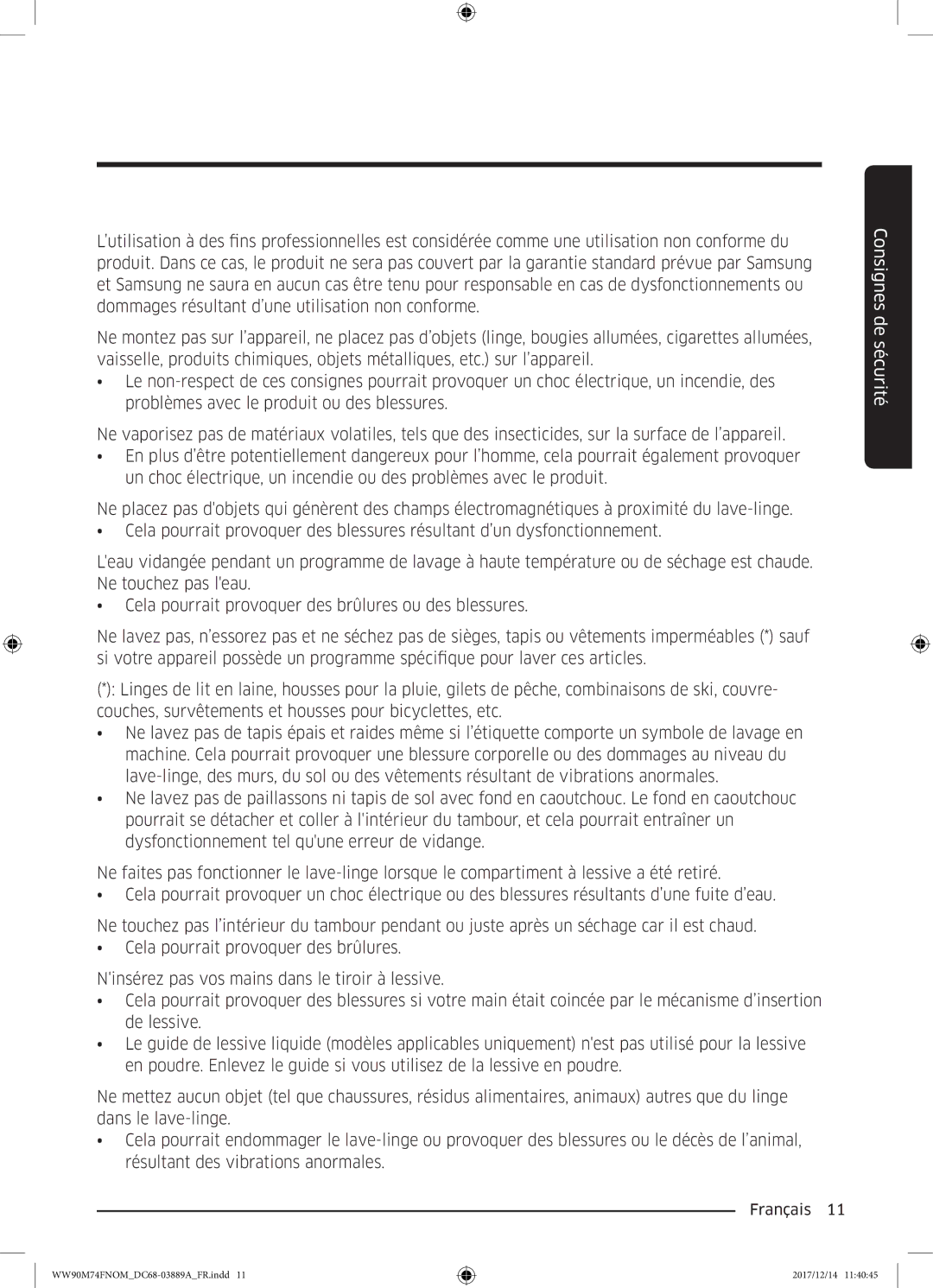 Samsung WW90M74FNOA/EF manual Consignes de sécurité 