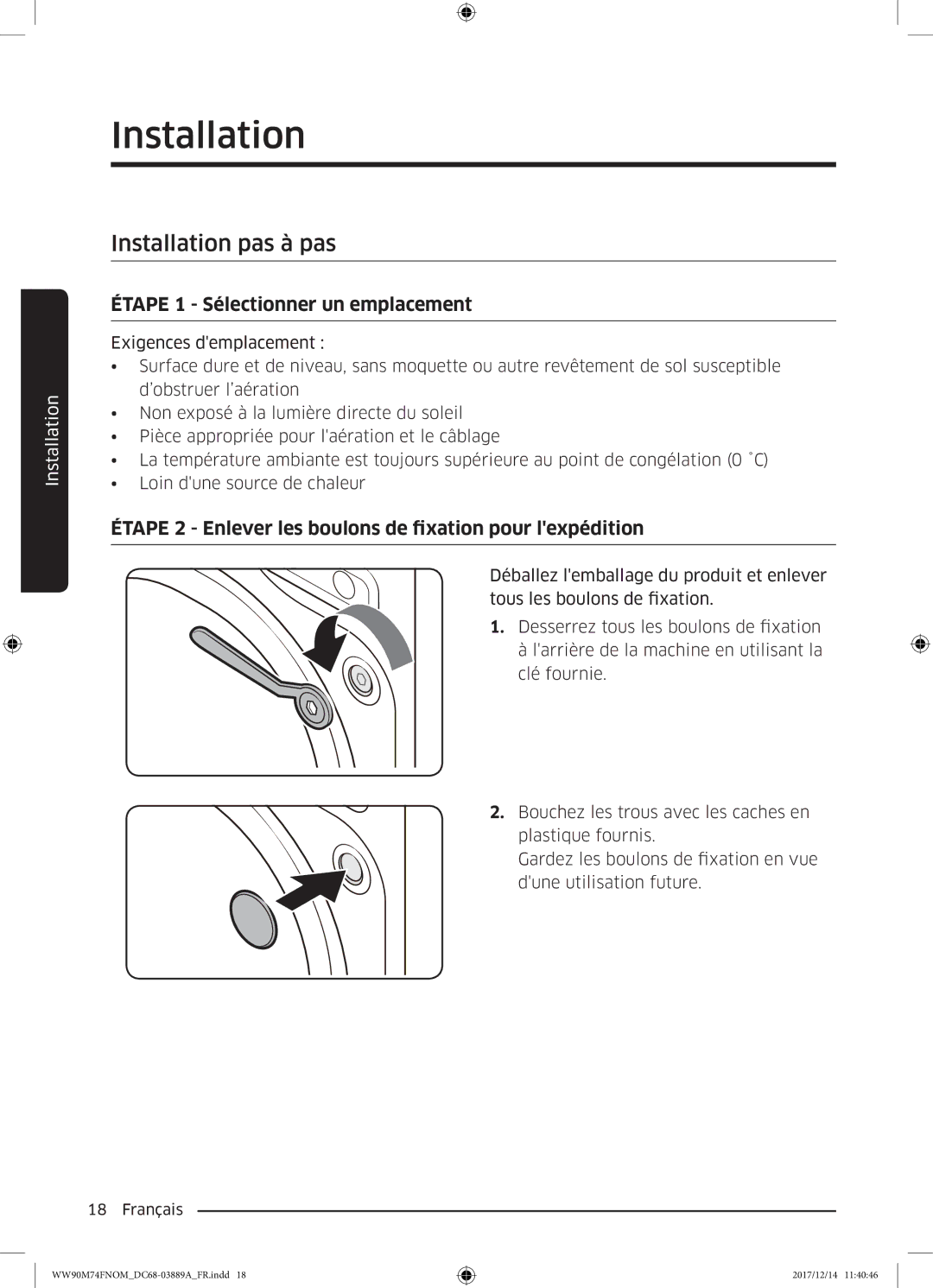 Samsung WW90M74FNOA/EF manual Installation pas à pas, Étape 1 Sélectionner un emplacement 