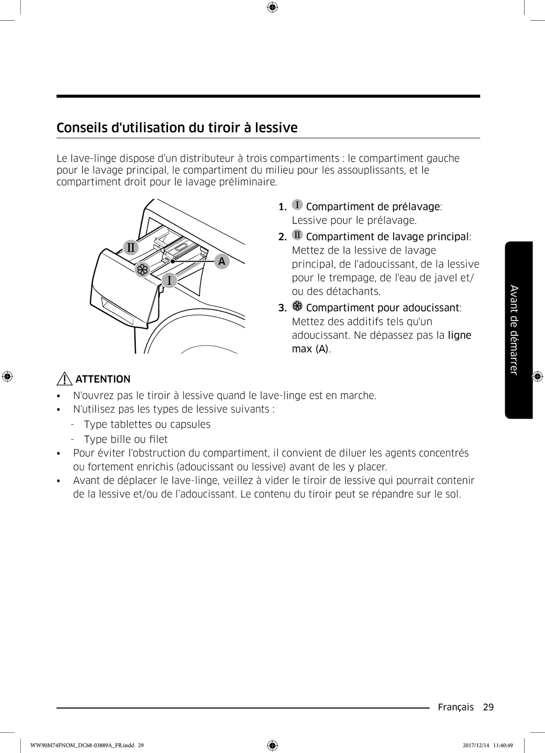 Samsung WW90M74FNOA/EF manual Conseils dutilisation du tiroir à lessive 