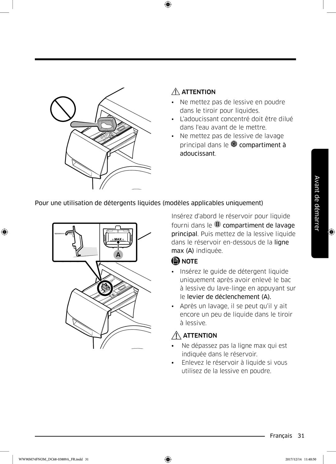 Samsung WW90M74FNOA/EF manual Avant de démarrer 