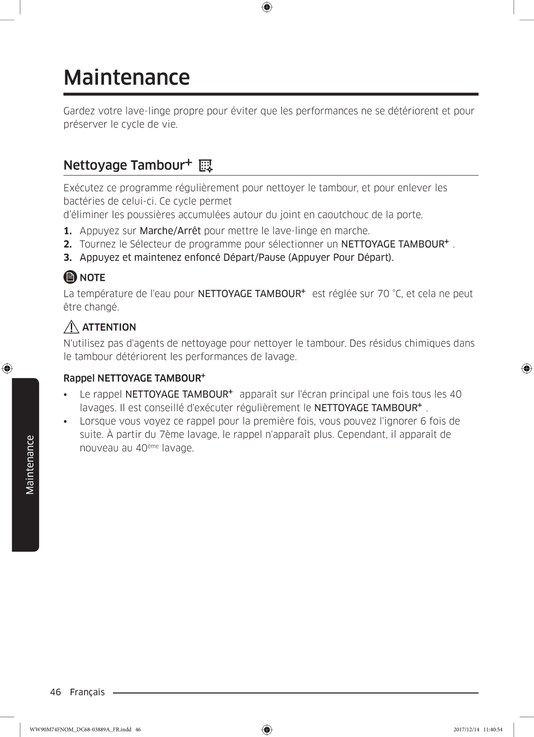 Samsung WW90M74FNOA/EF manual Maintenance, Nettoyage Tambour 