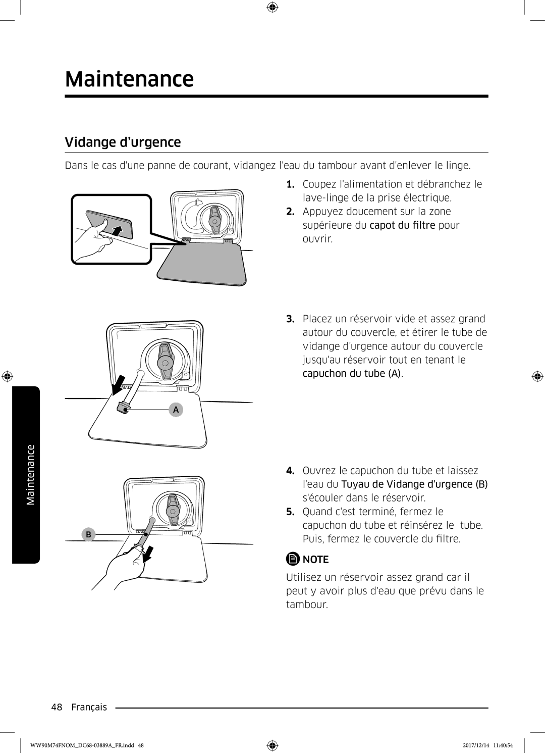 Samsung WW90M74FNOA/EF manual Vidange d’urgence 