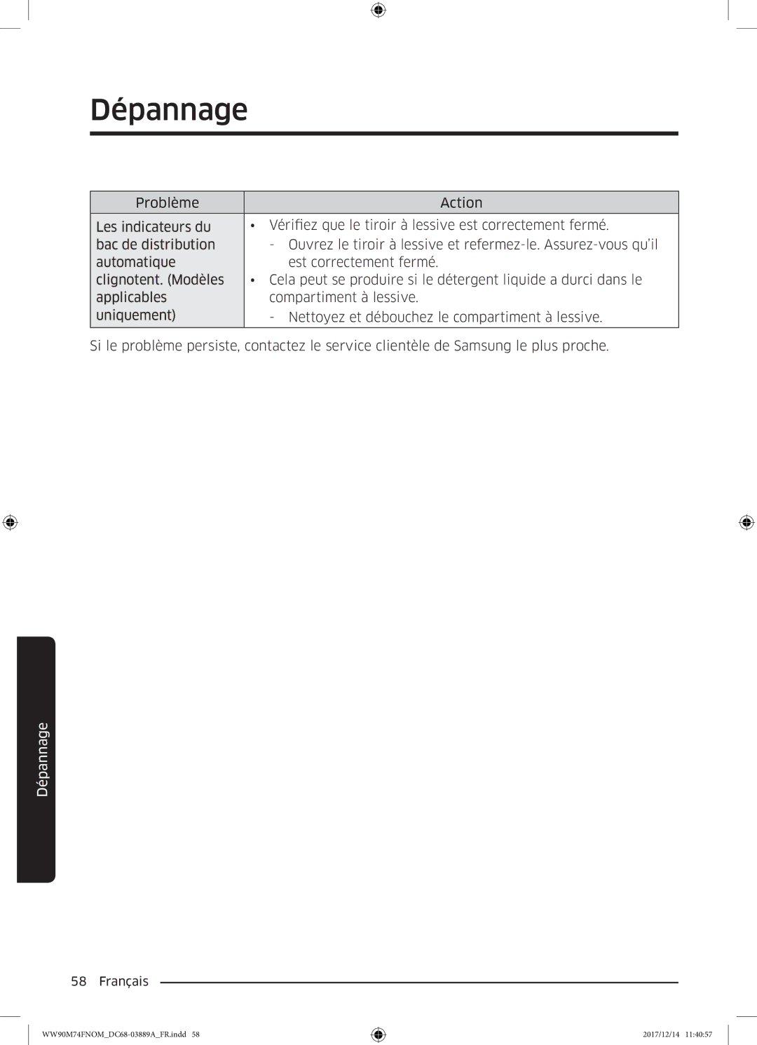 Samsung WW90M74FNOA/EF manual Dépannage 