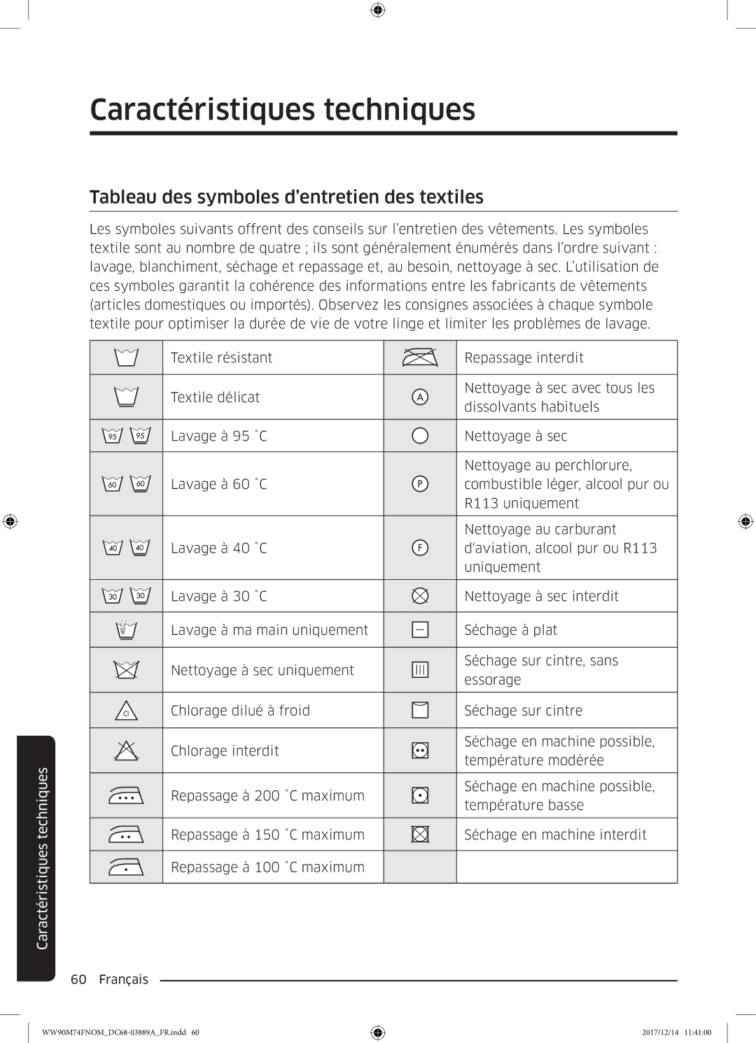 Samsung WW90M74FNOA/EF manual Caractéristiques techniques, Tableau des symboles d’entretien des textiles 