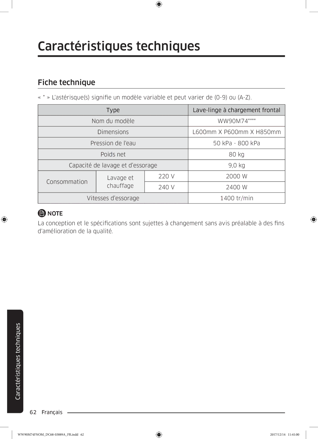 Samsung WW90M74FNOA/EF manual Fiche technique 