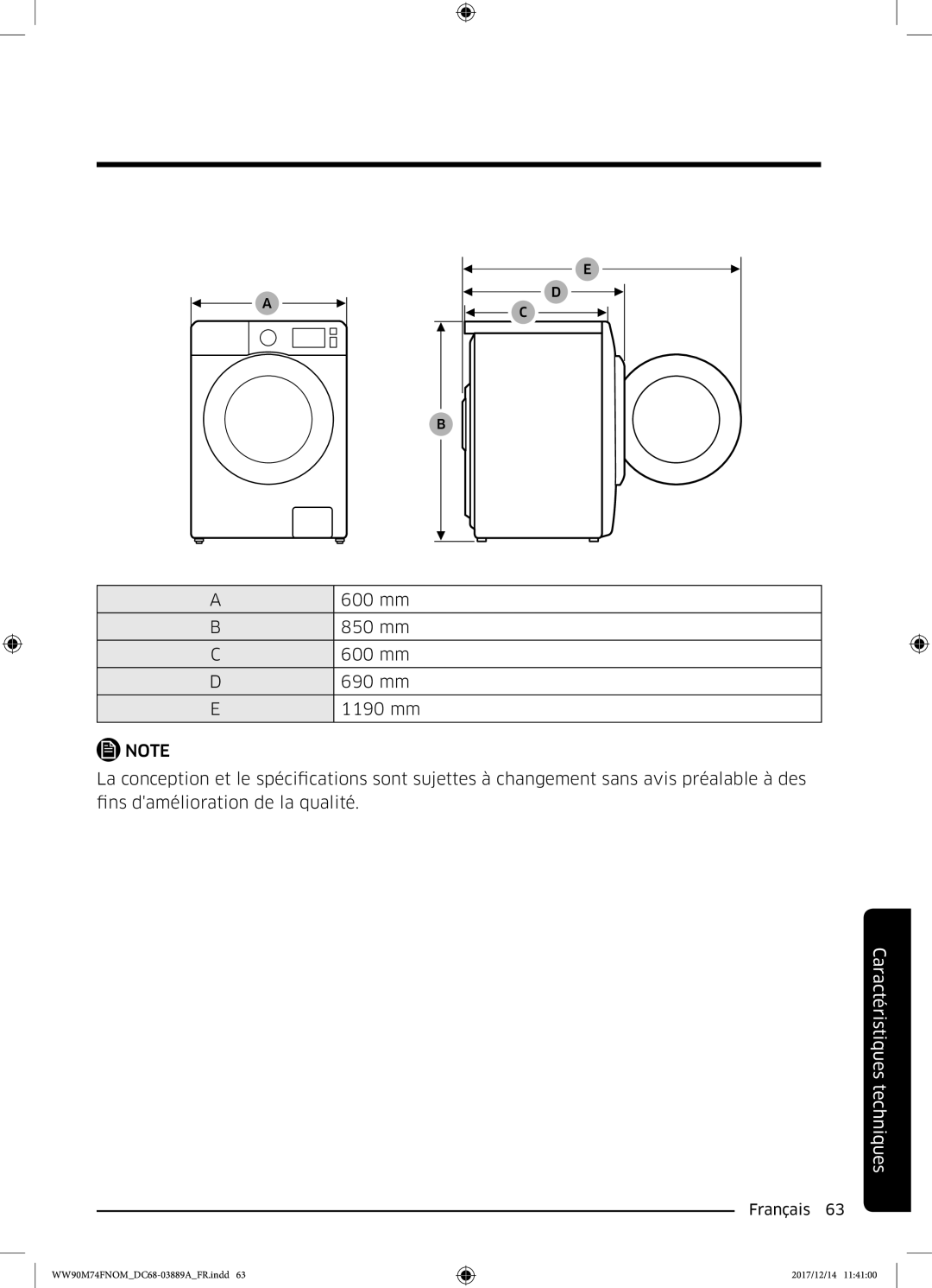 Samsung WW90M74FNOA/EF manual 600 mm 