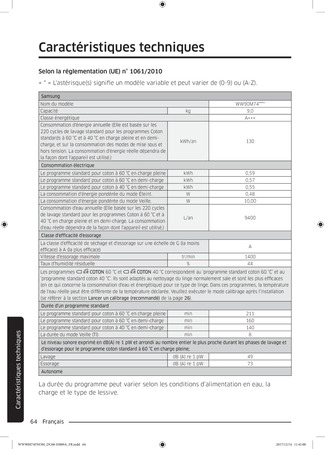 Samsung WW90M74FNOA/EF manual Samsung Nom du modèle WW90M74 Capacité Classe énergétique 