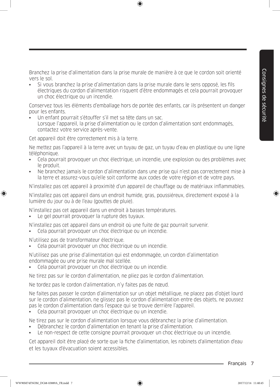 Samsung WW90M74FNOA/EF manual Consignes de sécurité 