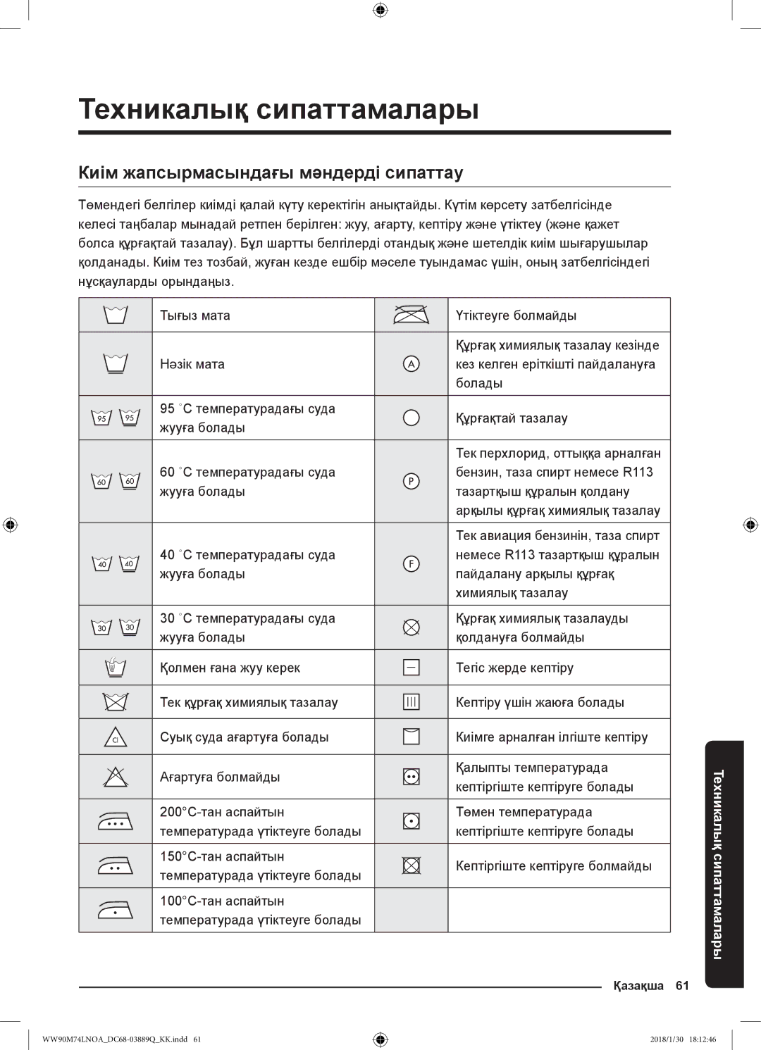 Samsung WW90M74LNOO/LP, WW90M74LNOA/LP manual Техникалық сипаттамалары, Киім жапсырмасындағы мәндерді сипаттау 