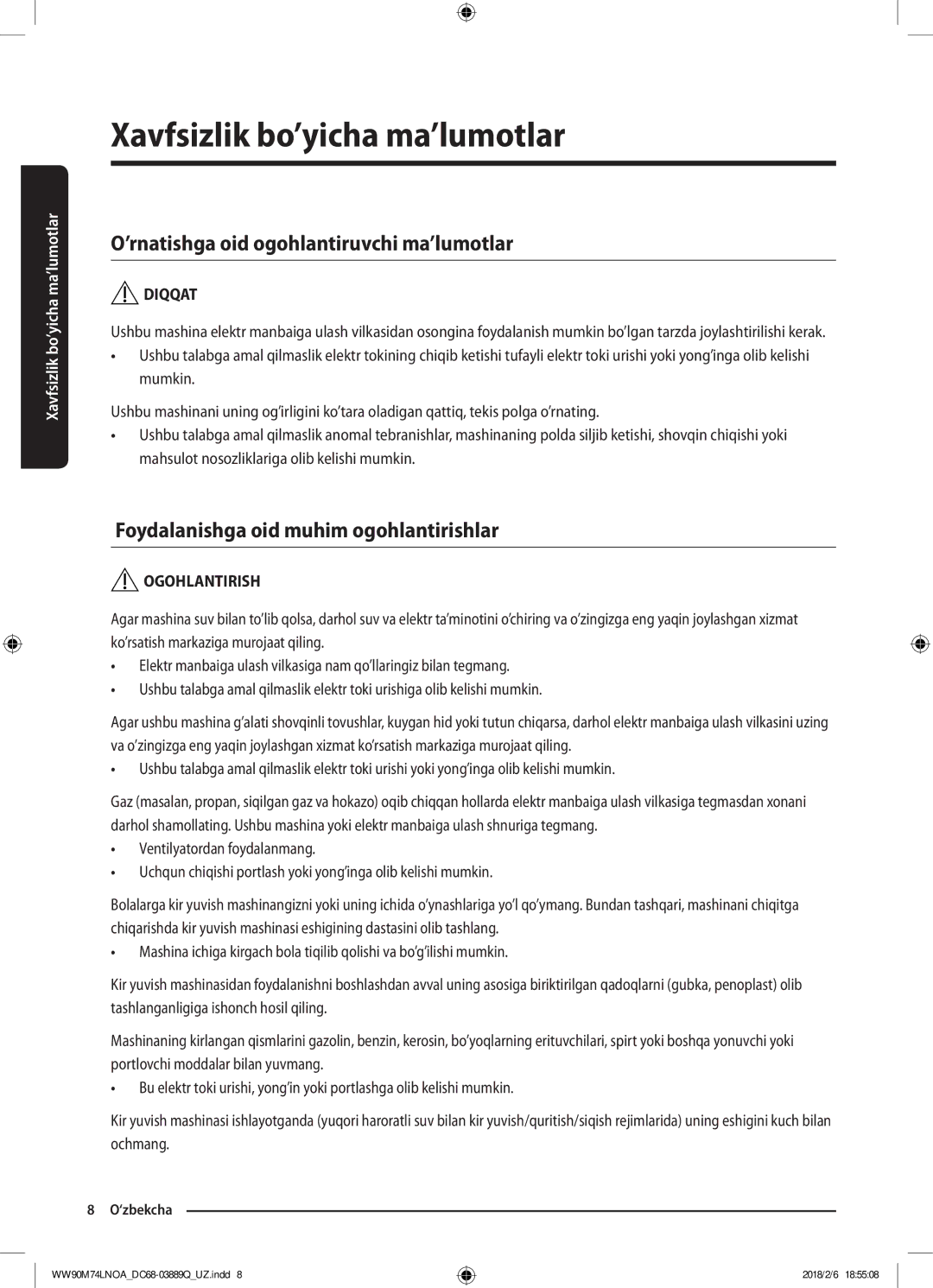 Samsung WW90M74LNOA/LP manual ’rnatishga oid ogohlantiruvchi ma’lumotlar, Foydalanishga oid muhim ogohlantirishlar 