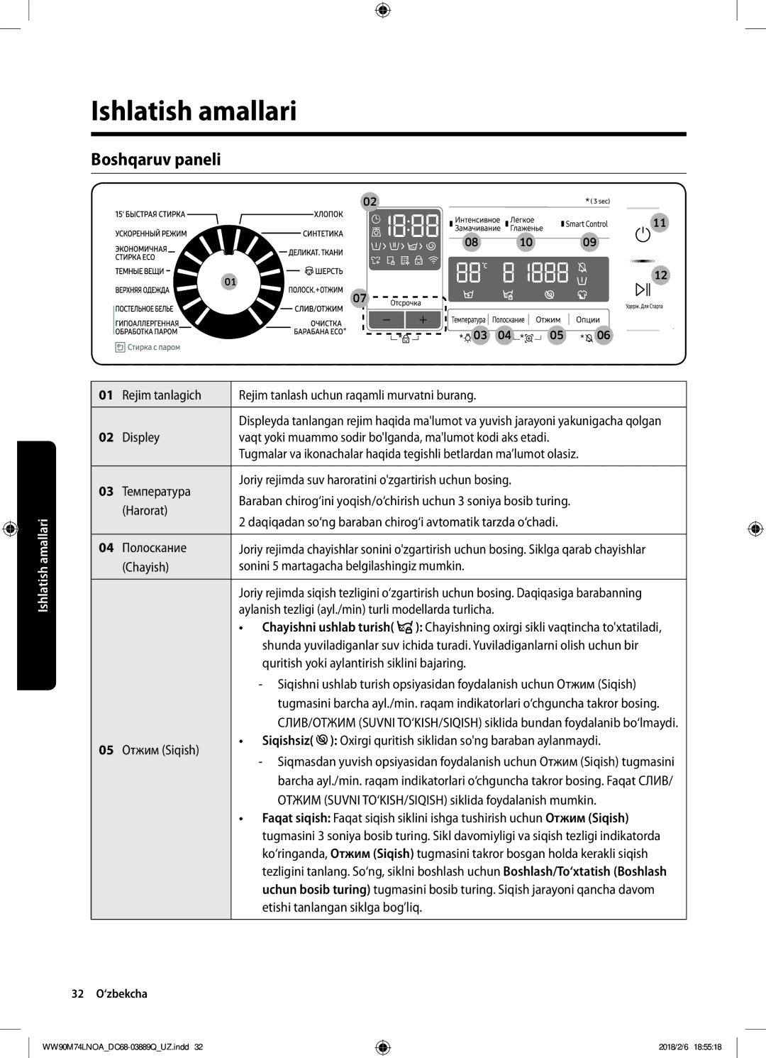 Samsung WW90M74LNOA/LP, WW90M74LNOO/LP manual Ishlatish amallari, Boshqaruv paneli 