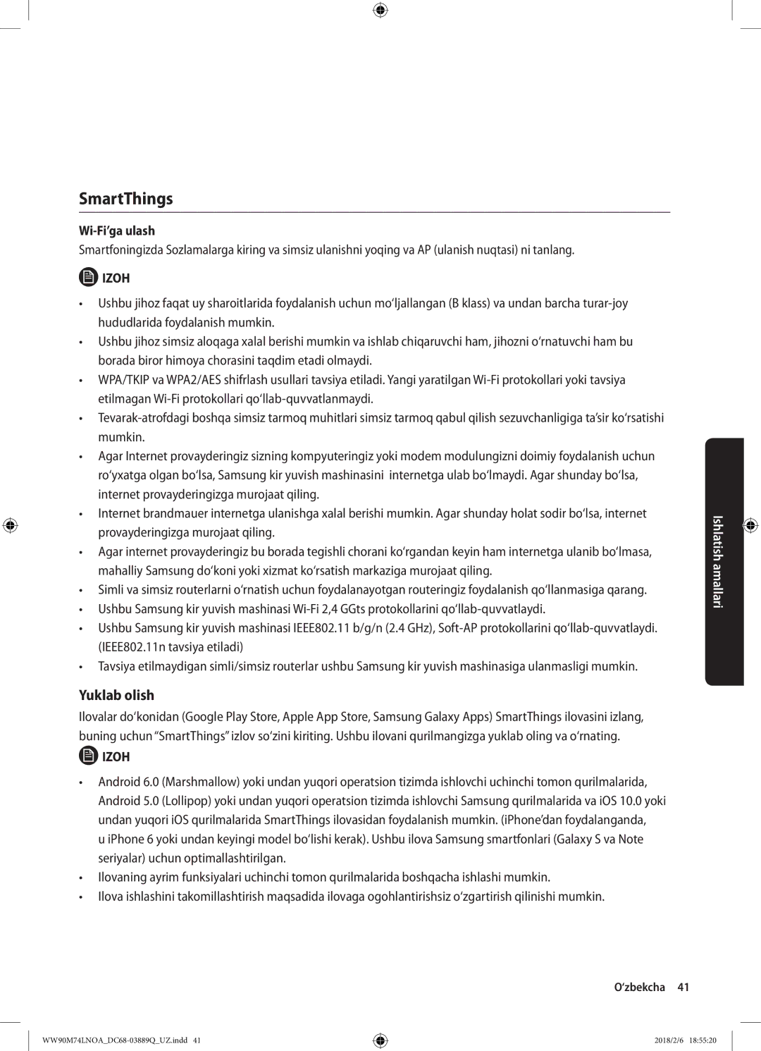 Samsung WW90M74LNOO/LP, WW90M74LNOA/LP manual Yuklab olish, Wi-Fi’ga ulash 