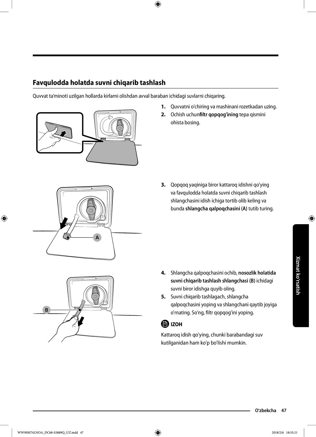 Samsung WW90M74LNOO/LP, WW90M74LNOA/LP manual Favqulodda holatda suvni chiqarib tashlash 