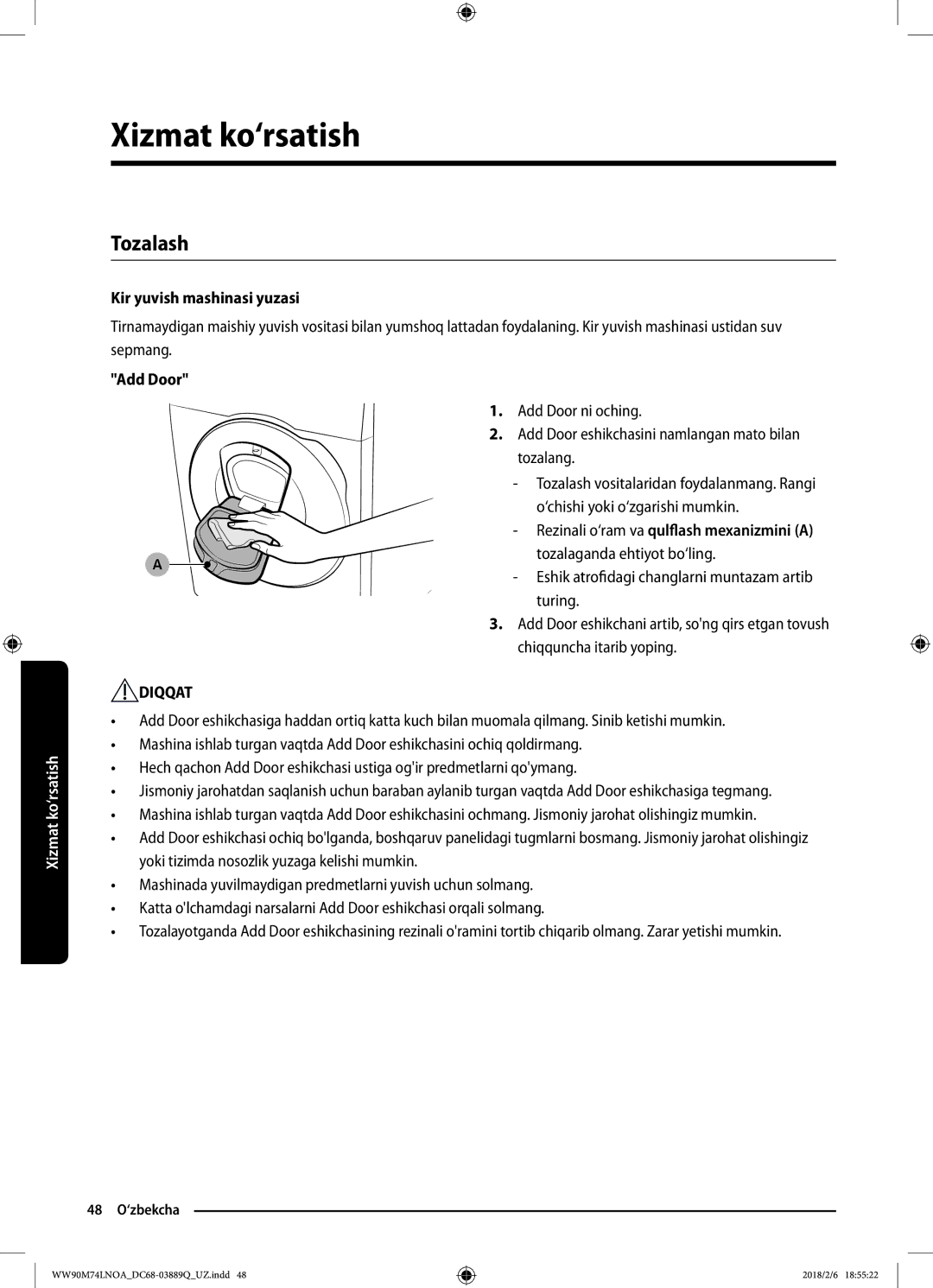 Samsung WW90M74LNOA/LP, WW90M74LNOO/LP manual Tozalash, Kir yuvish mashinasi yuzasi 