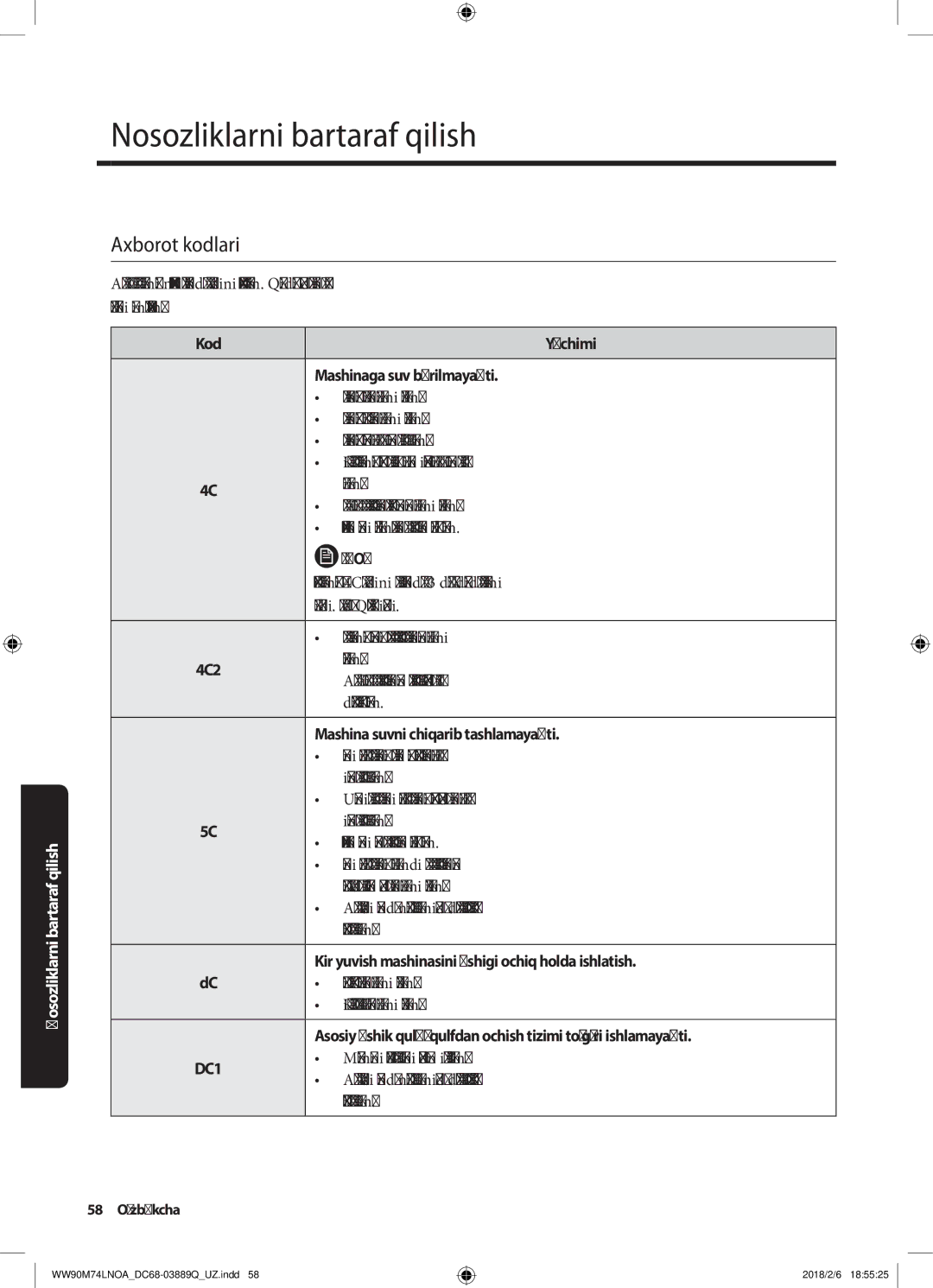 Samsung WW90M74LNOA/LP, WW90M74LNOO/LP manual Axborot kodlari 