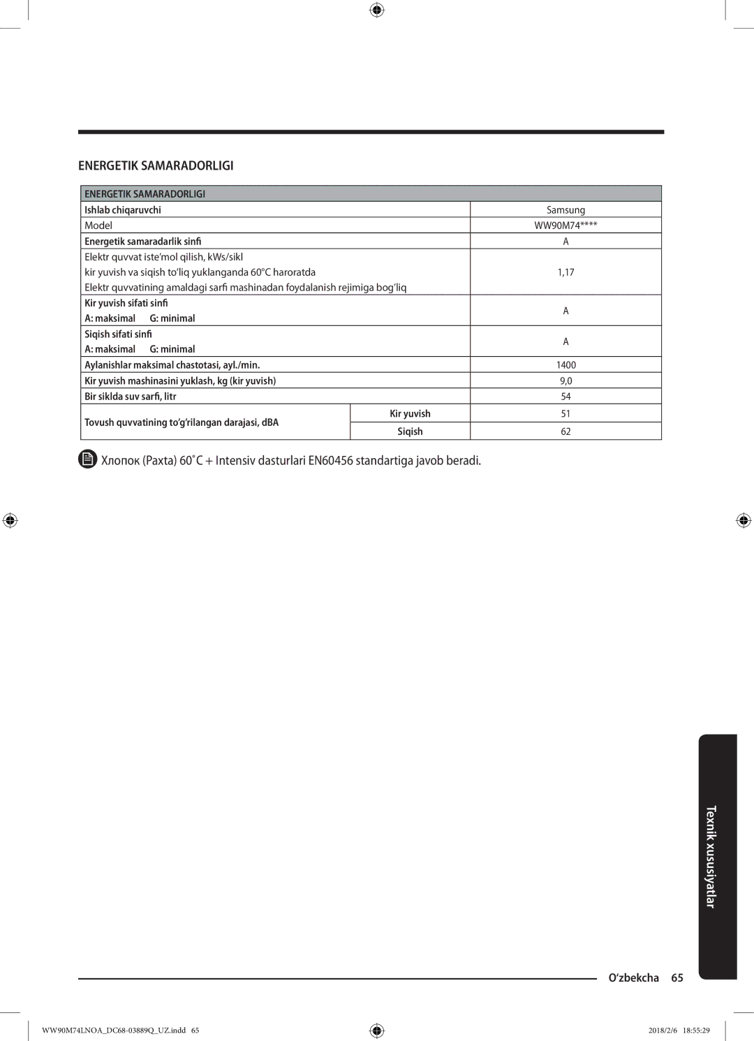 Samsung WW90M74LNOO/LP, WW90M74LNOA/LP manual Energetik Samaradorligi 