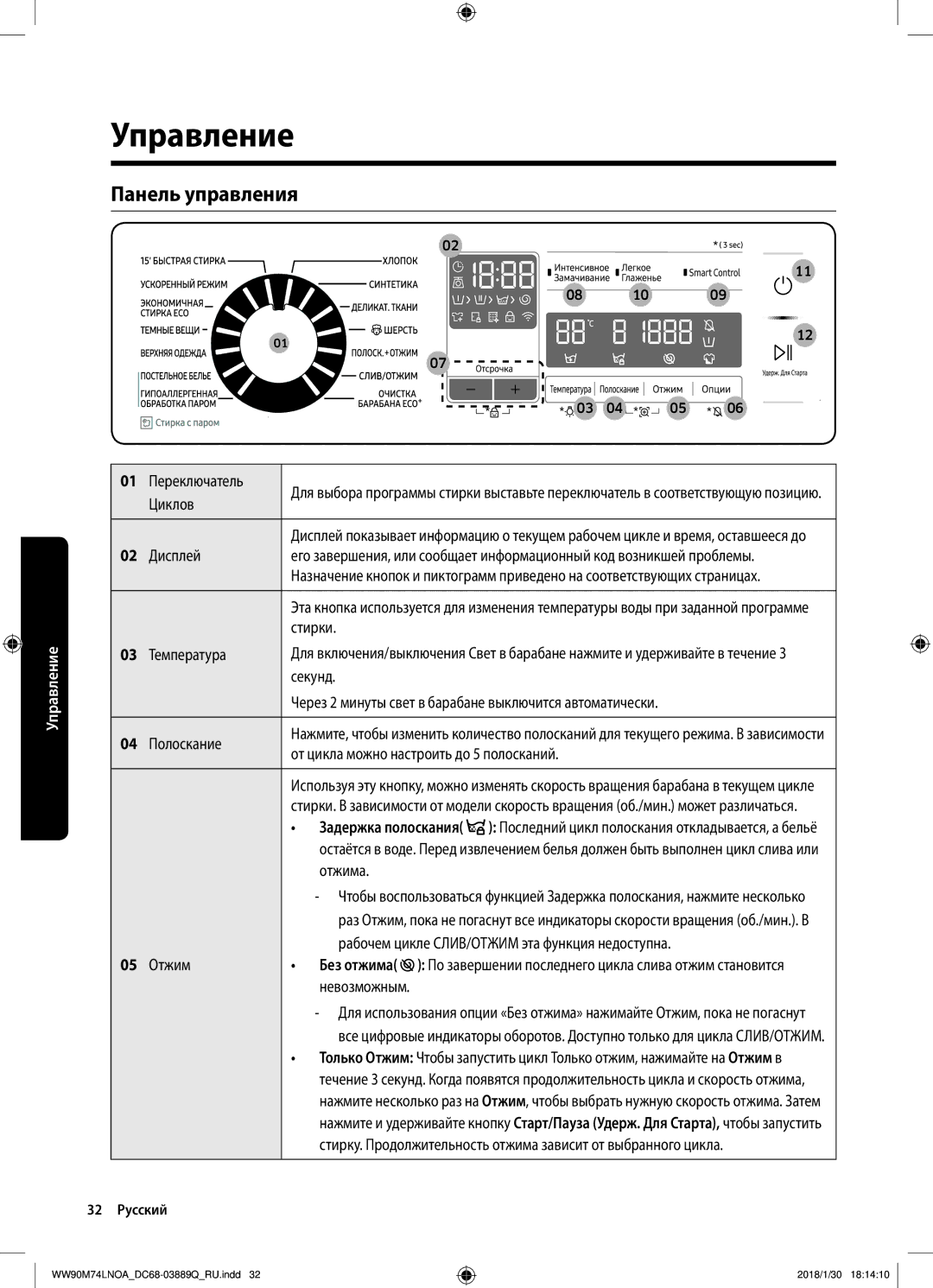 Samsung WW90M74LNOA/LP, WW90M74LNOO/LP manual Управление, Панель управления, 05 Отжим 