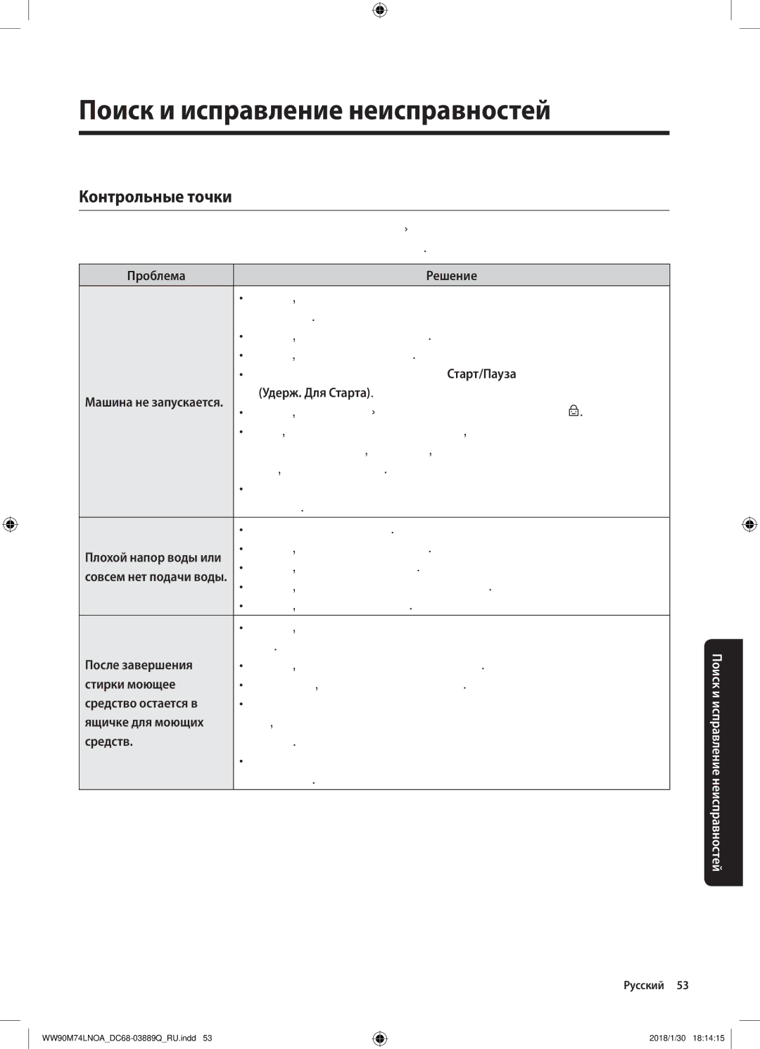 Samsung WW90M74LNOO/LP, WW90M74LNOA/LP manual Поиск и исправление неисправностей, Контрольные точки 