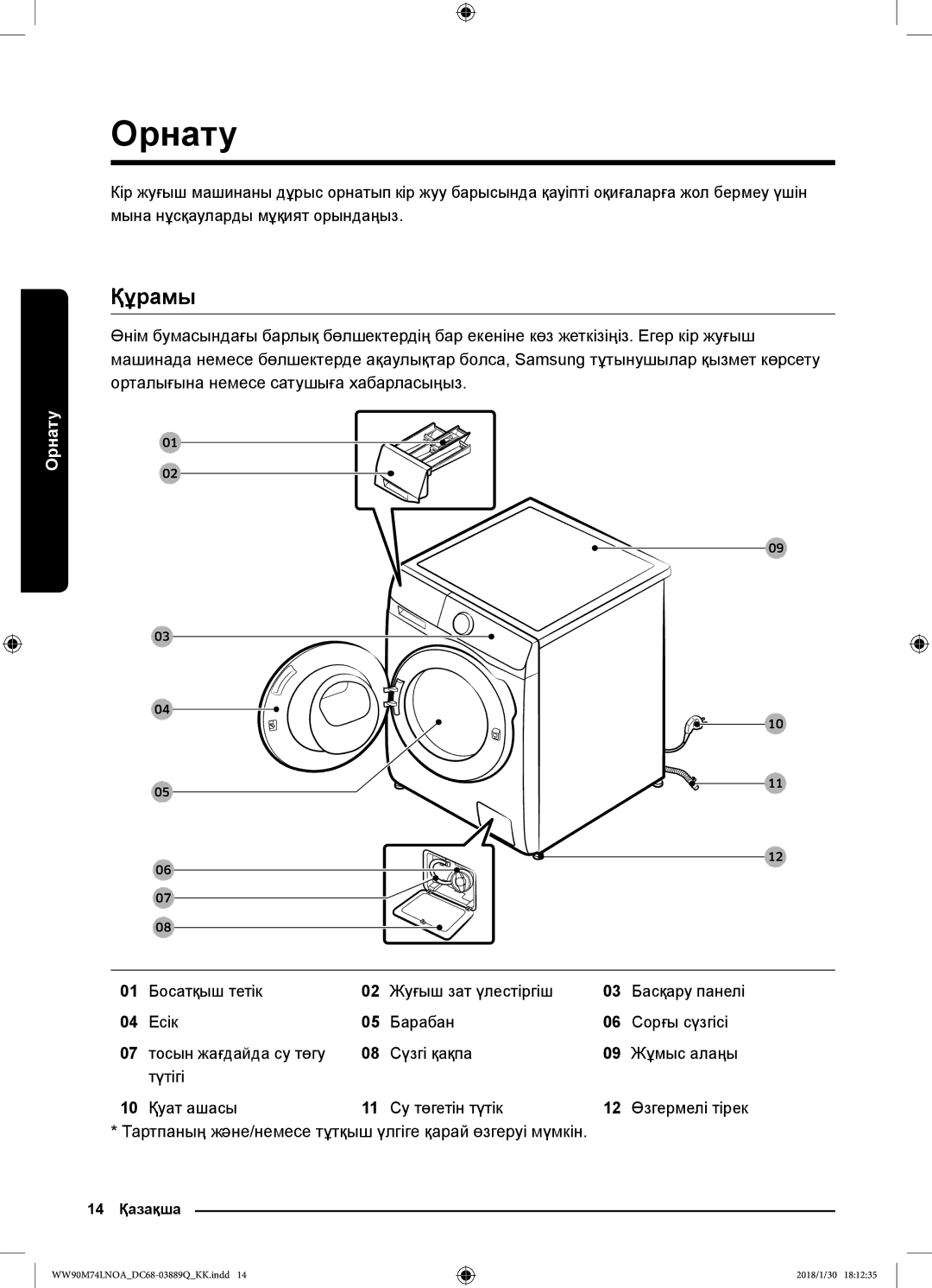 Samsung WW90M74LNOA/LP, WW90M74LNOO/LP manual Орнату, Құрамы 