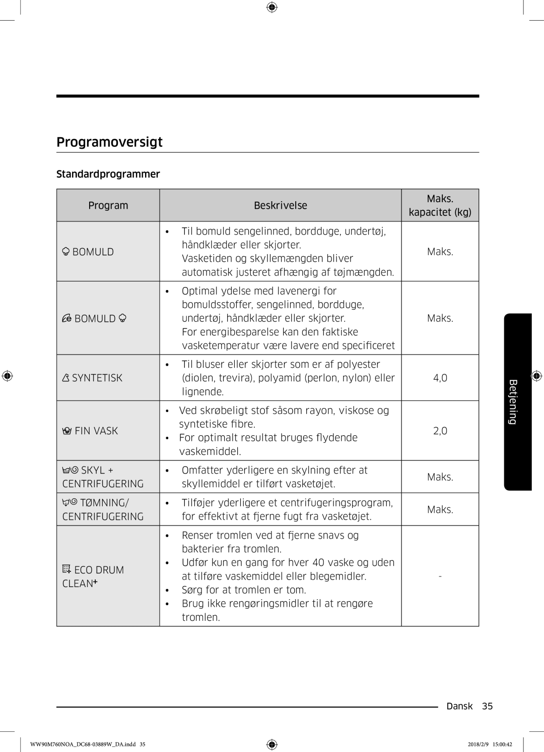 Samsung WW90M760NOA/EE manual Programoversigt 