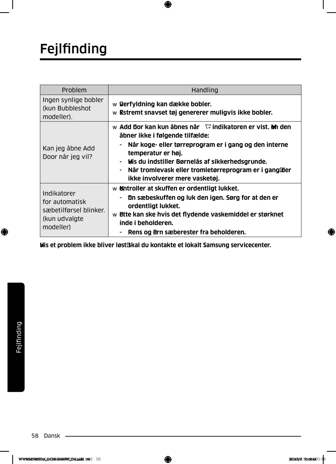 Samsung WW90M760NOA/EE manual Fejlfinding 